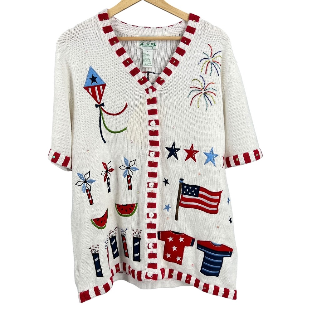 The Quacker Factory Patriotic American Flag Fireworks Cardigan Sweater‎ L New